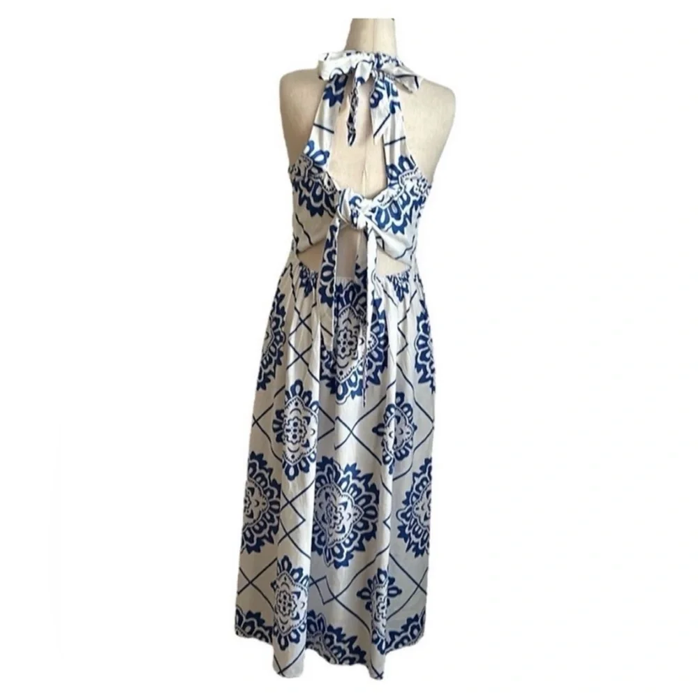 1.State Revolve Linen Blue/White Portuguese Tile Print Dress Linen/Rayon Large - Picture 4 of 4